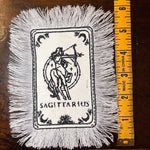 SAGITARIUS Zodiac Tarot SOULE PATCH art Iron On white denim patch 4 X 6 black embroidered Tarrot Decal Blue Jean Fringed Fray edges handmade Tarot Cards