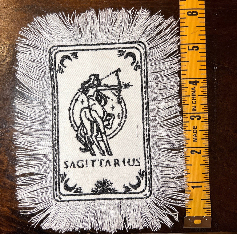 SAGITARIUS Zodiac Tarot SOULE PATCH art Iron On white denim patch 4 X 6 black embroidered Tarrot Decal Blue Jean Fringed Fray edges handmade Tarot Cards