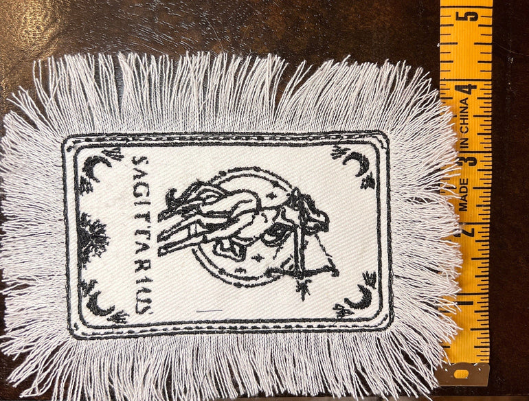 SAGITARIUS Zodiac Tarot SOULE PATCH art Iron On white denim patch 4 X 6 black embroidered Tarrot Decal Blue Jean Fringed Fray edges handmade Tarot Cards