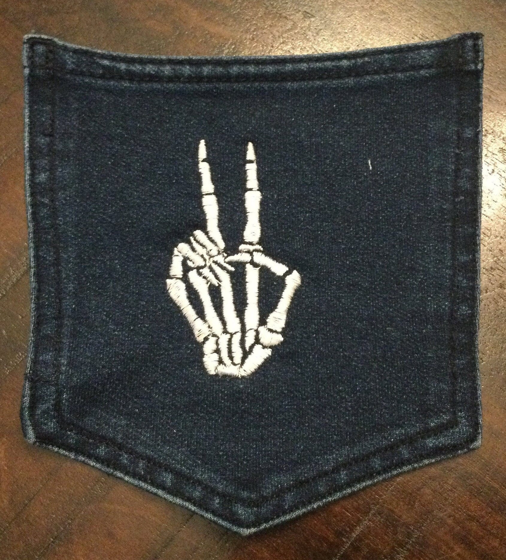 SKELETON Halloween Peace HOT POCKET patch Indigo Denim Handmade Sew-On Appliques & Patches