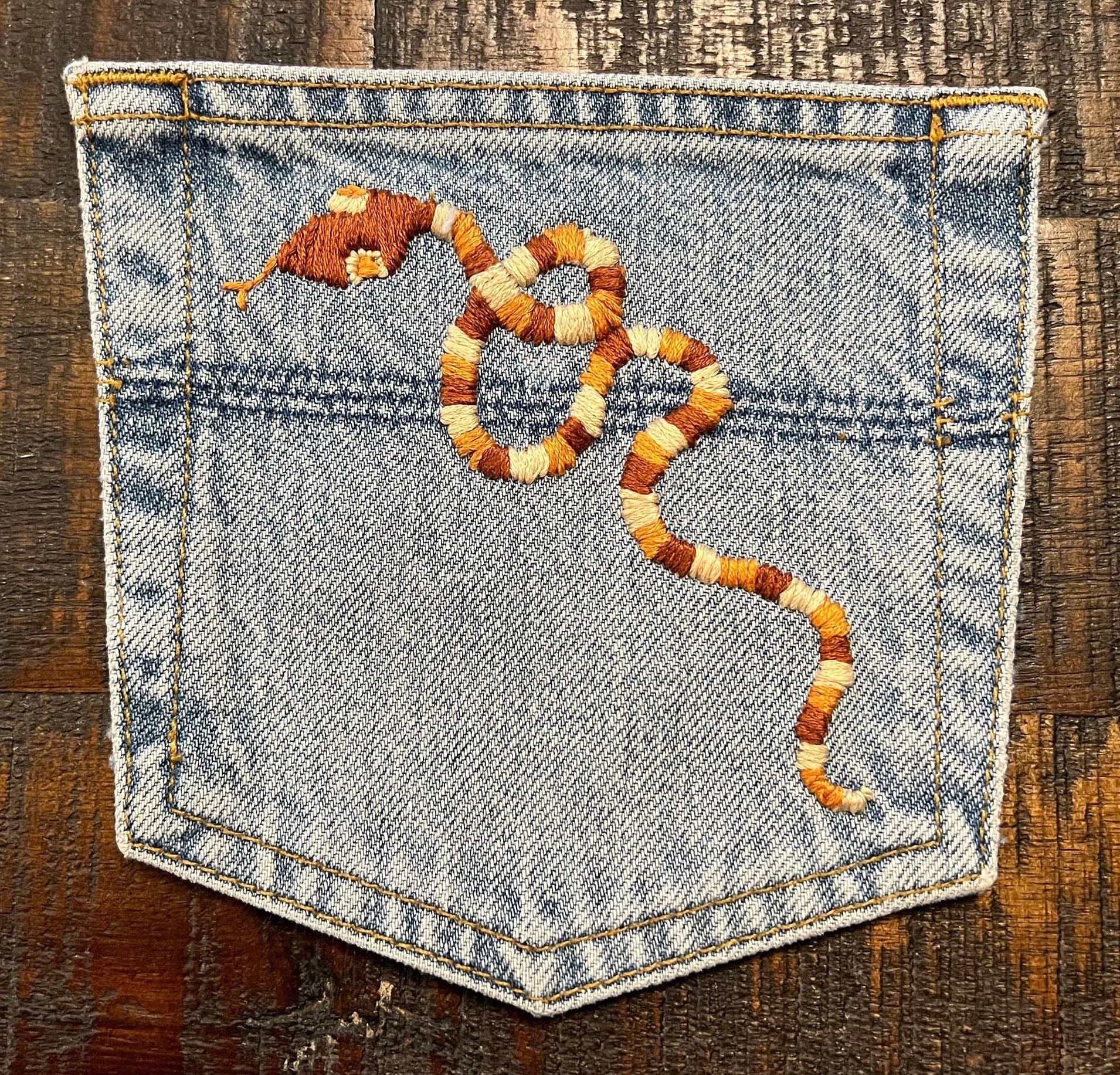 SNAKE HOT POCKET 3 color Hand Embroidered Stitched gold Denim Hippie Pocket 6 X 6 Appliques & Patches
