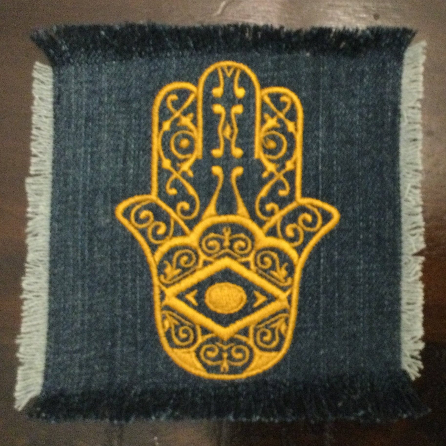 SOULE PATCH Hand of God Indigo DENIM Handmade Patch Embroidered Positive Symbol Gold Hamsa Appliques & Patches