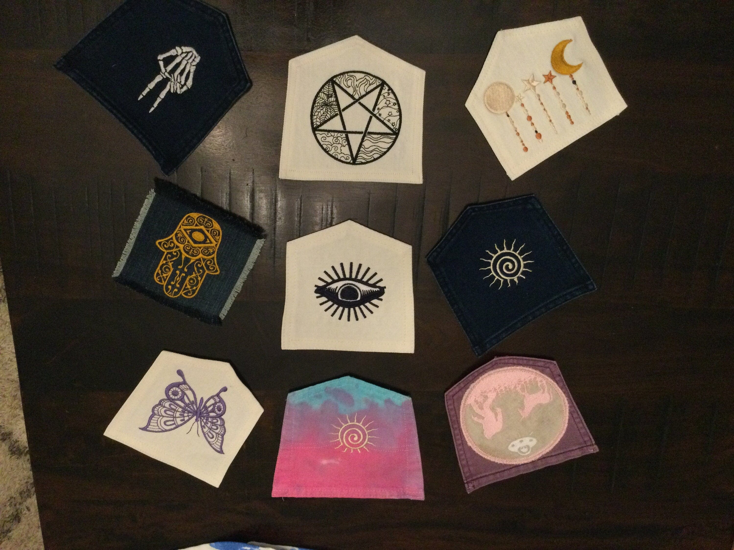 SOULE PATCH Hand of God Indigo DENIM Handmade Patch Embroidered Positive Symbol Gold Hamsa Appliques & Patches