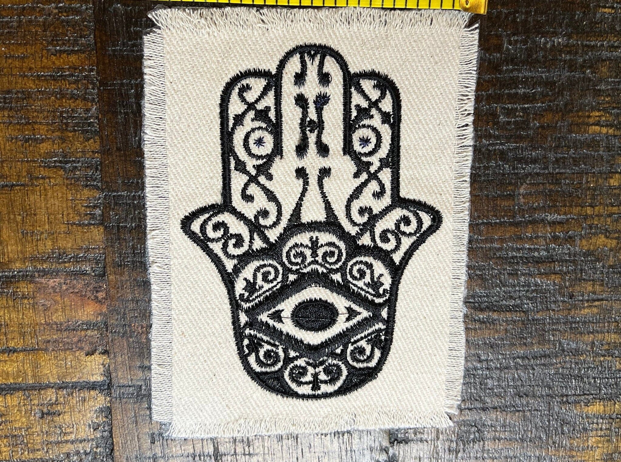 SOULE PATCH Hand of God Indigo white Handmade Patch Embroidered Positive Symbol Gold Hamsa Iron On with Frayed Edges protective eye Appliques & Patches