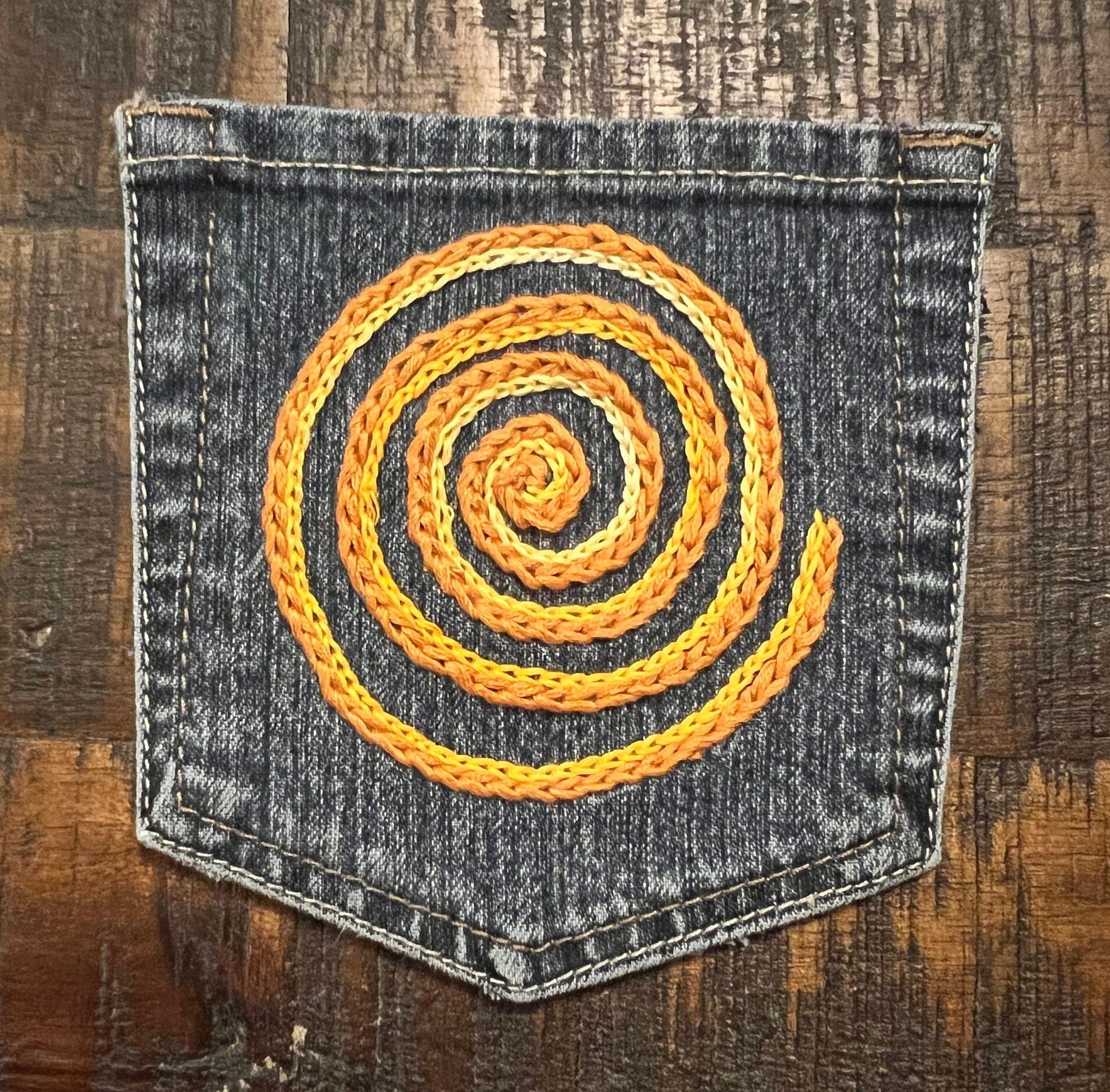 SPIRAL HOT POCKET Hand Embroidered Stitched gold Denim Hippie Pocket 5 X 6 Appliques & Patches