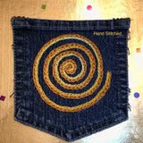 SPIRAL HOT POCKET Hand Embroidered Stitched gold Denim Hippie Pocket 5 X 6 Appliques & Patches