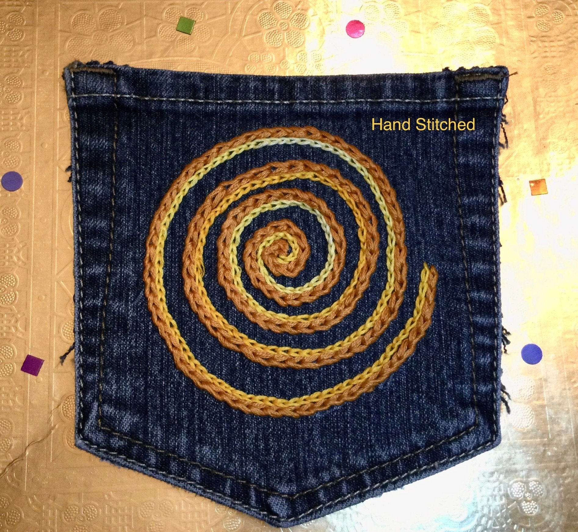SPIRAL HOT POCKET Hand Embroidered Stitched gold Denim Hippie Pocket 5 X 6 Appliques & Patches