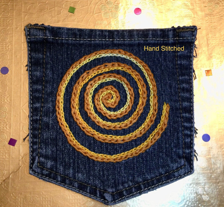 SPIRAL HOT POCKET Hand Embroidered Stitched gold Denim Hippie Pocket 5 X 6 Appliques & Patches
