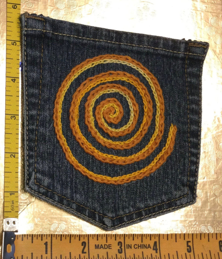 SPIRAL HOT POCKET Hand Embroidered Stitched gold Denim Hippie Pocket 5 X 6 Appliques & Patches