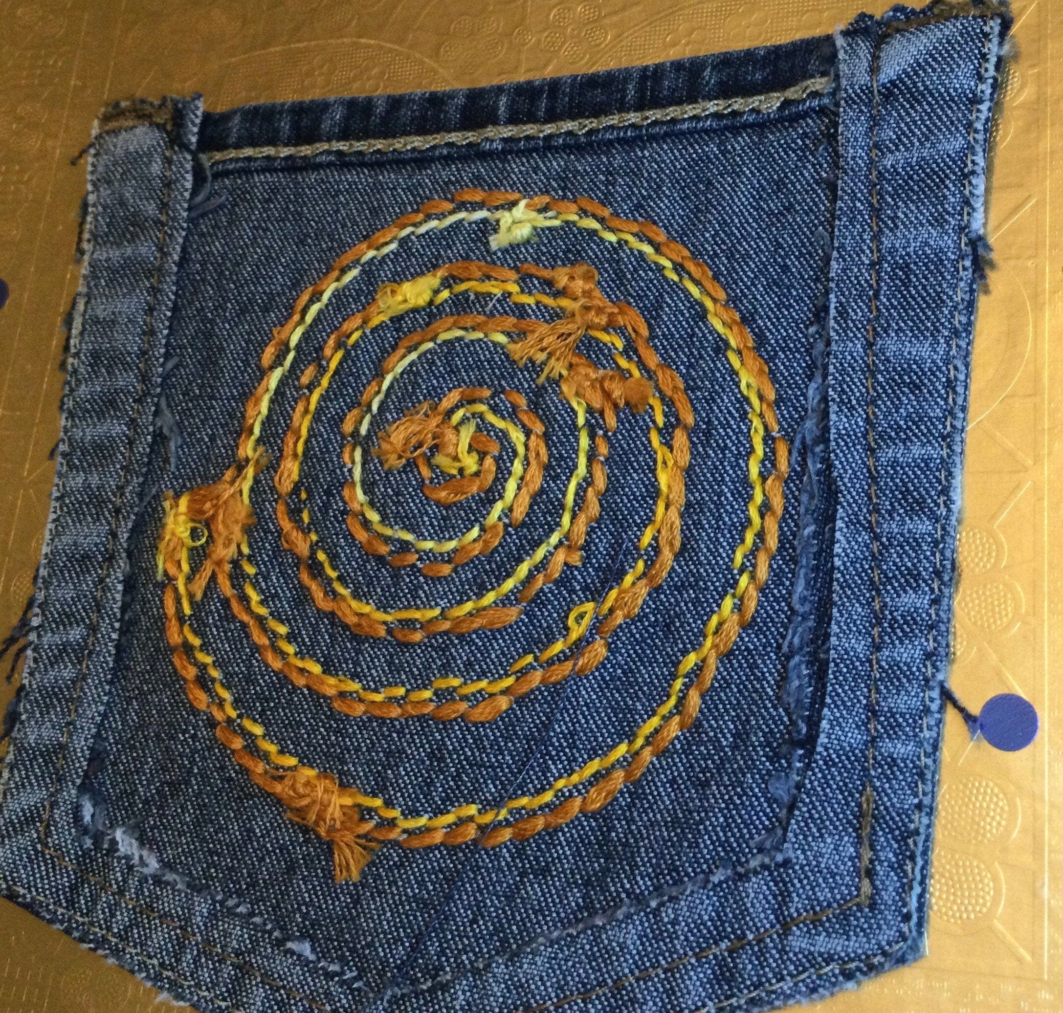 SPIRAL HOT POCKET Hand Embroidered Stitched gold Denim Hippie Pocket 5 X 6 Appliques & Patches