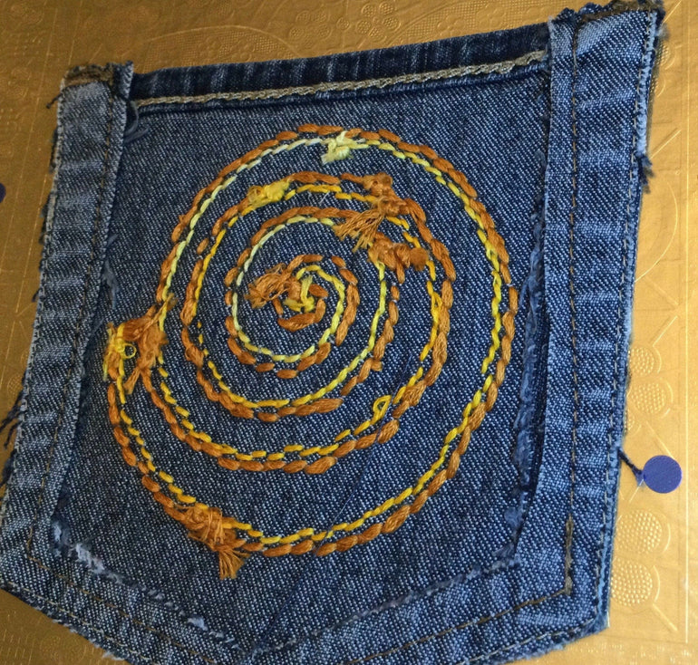 SPIRAL HOT POCKET Hand Embroidered Stitched gold Denim Hippie Pocket 5 X 6 Appliques & Patches