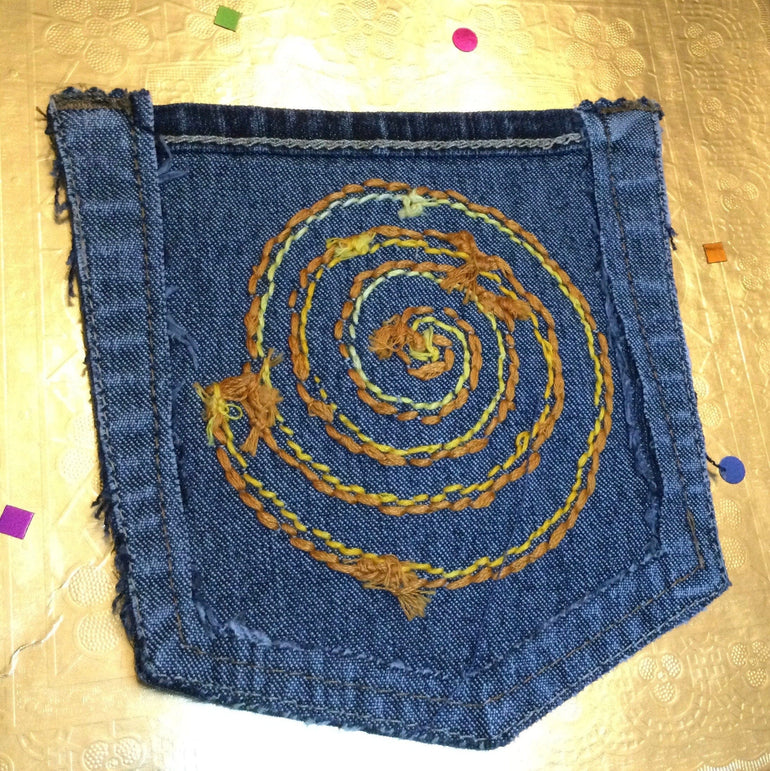 SPIRAL HOT POCKET Hand Embroidered Stitched gold Denim Hippie Pocket 5 X 6 Appliques & Patches