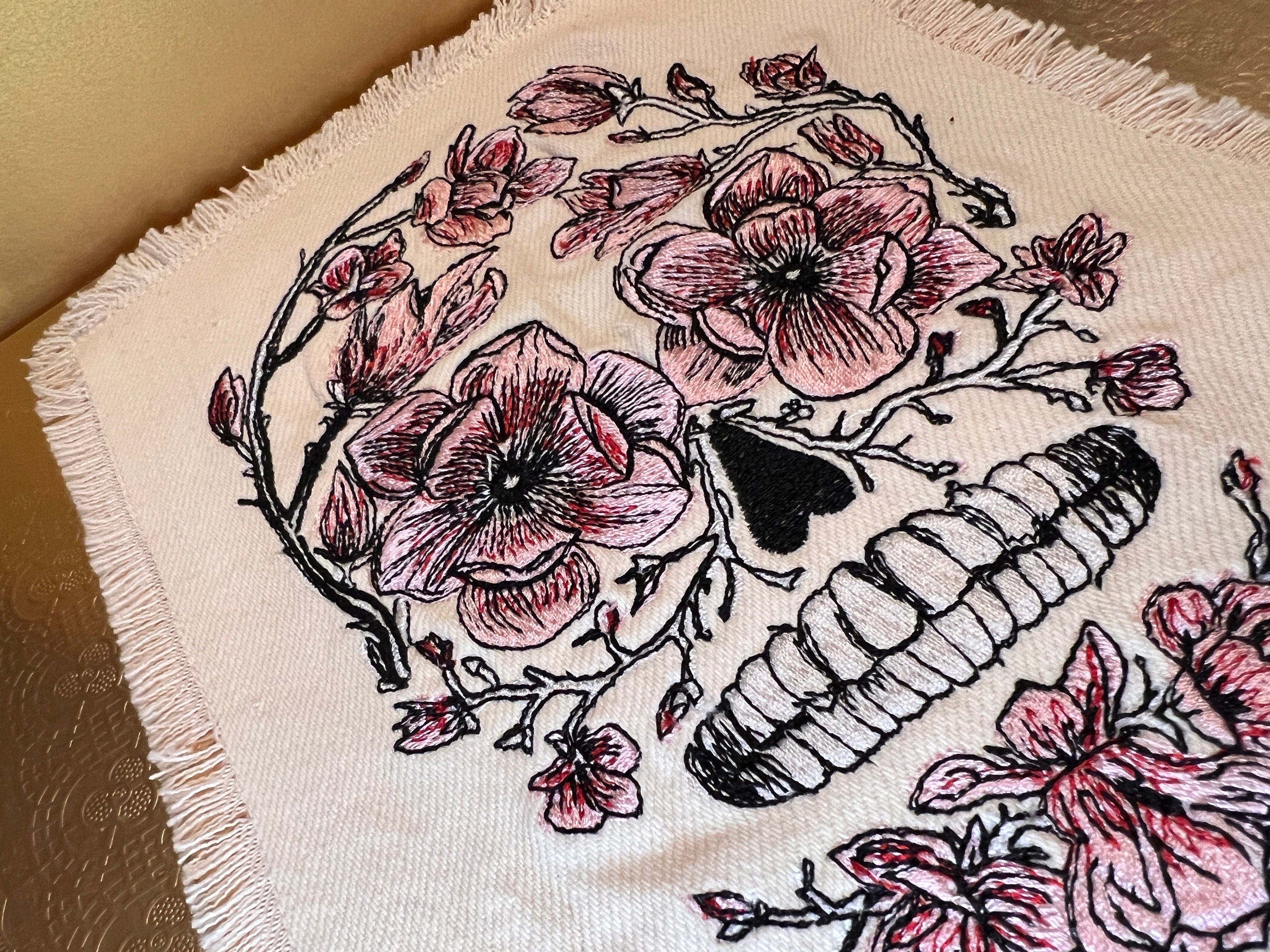 Sugar SKULL Head Pink Flowers Large SOULE PATCH art Iron On patch 8 X 6 black embroidered Decal White Denim Fringed Fray edges handmade Appliques & Patches