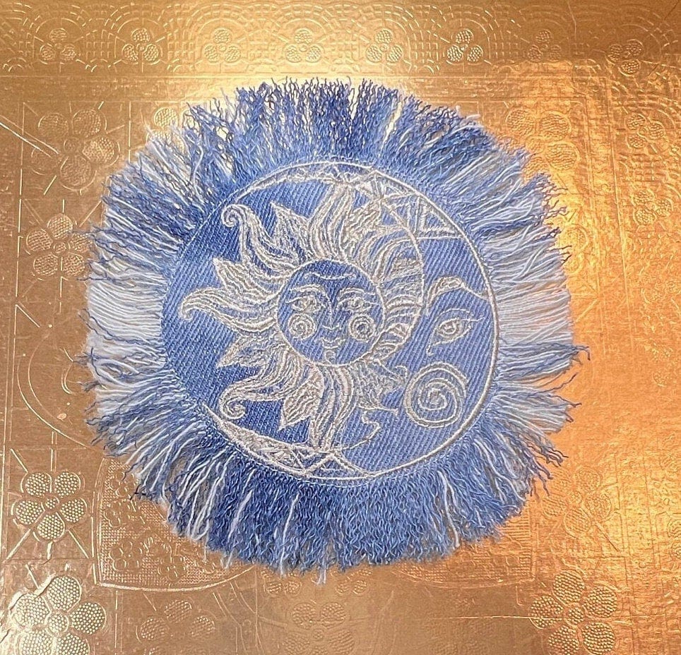 Sun & Moon Bleached Blue Denim FRINGED Patch art Indigo Denim CELESTIAL 5" Round IRON On Jean Patches embroidered Sol decal patchwork frayed Appliques & Patches
