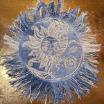 Sun & Moon Bleached Blue Denim FRINGED Patch art Indigo Denim CELESTIAL 5" Round IRON On Jean Patches embroidered Sol decal patchwork frayed Appliques & Patches