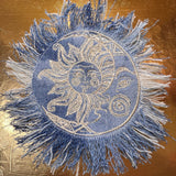 Sun & Moon Bleached Blue Denim FRINGED Patch art Indigo Denim CELESTIAL 5" Round IRON On Jean Patches embroidered Sol decal patchwork frayed Appliques & Patches