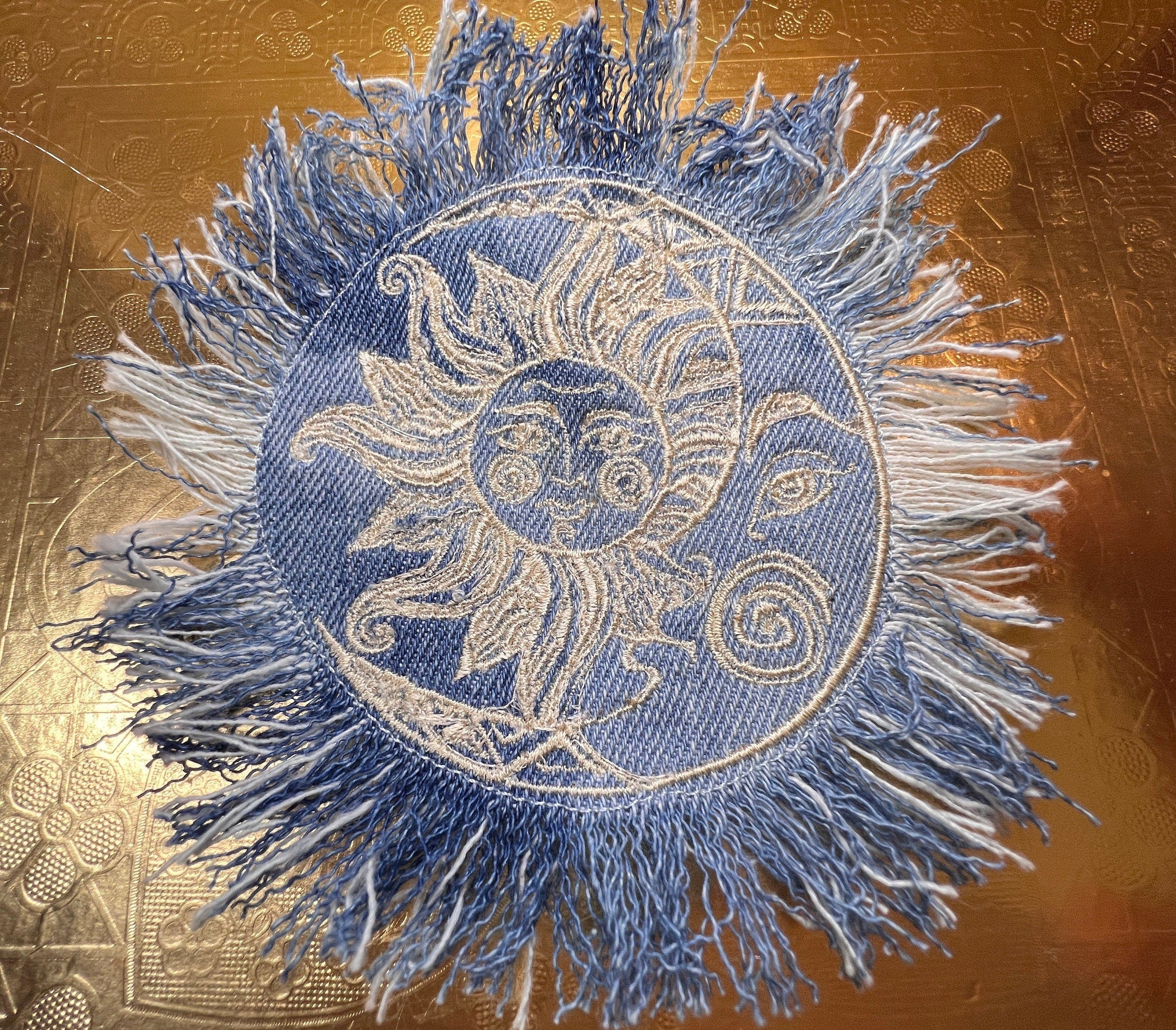 Sun & Moon Bleached Blue Denim FRINGED Patch art Indigo Denim CELESTIAL 5" Round IRON On Jean Patches embroidered Sol decal patchwork frayed Appliques & Patches