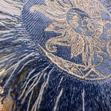 Sun & Moon Bleached Blue Denim FRINGED Patch art Indigo Denim CELESTIAL 5" Round IRON On Jean Patches embroidered Sol decal patchwork frayed Appliques & Patches