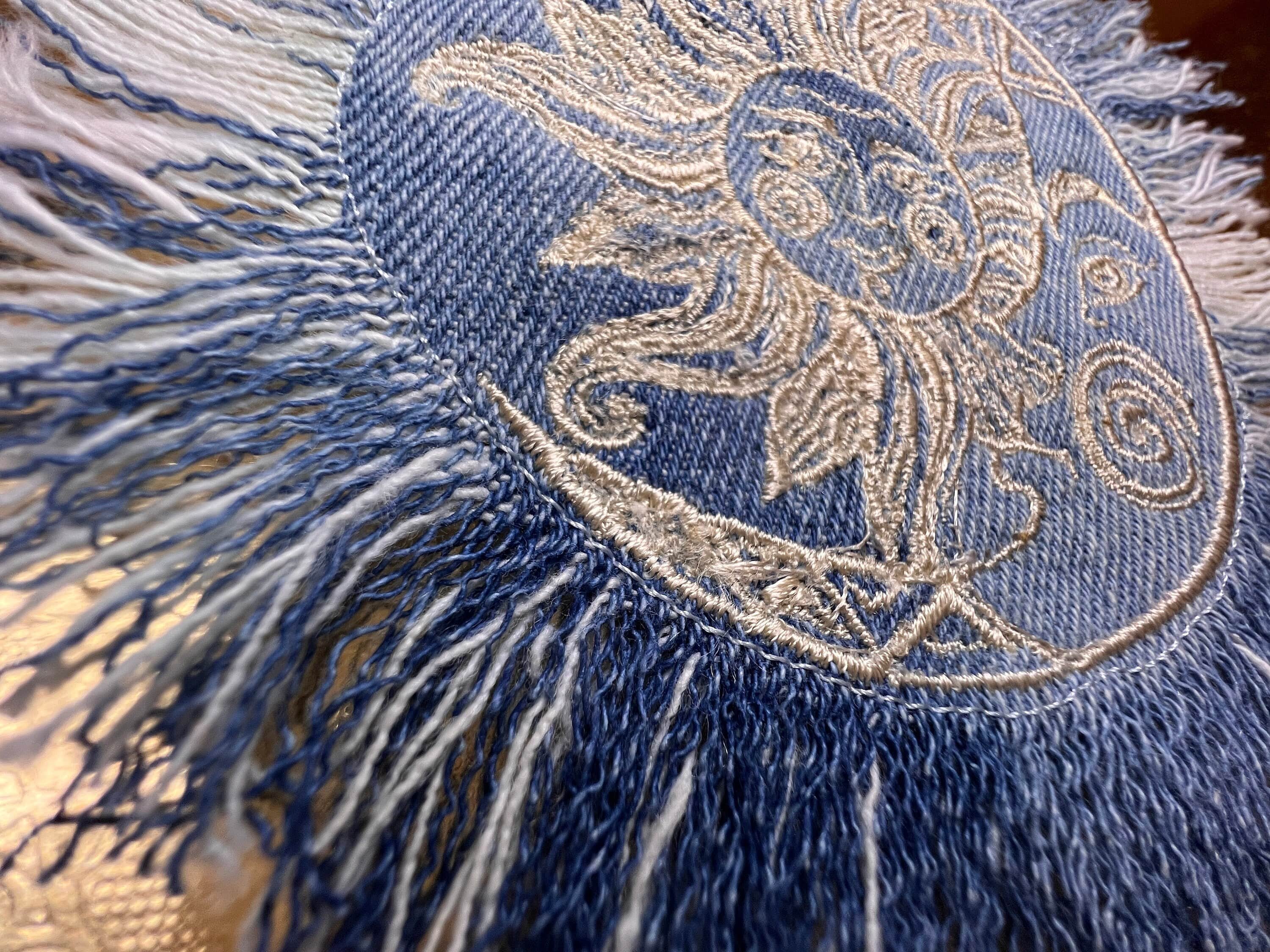 Sun & Moon Bleached Blue Denim FRINGED Patch art Indigo Denim CELESTIAL 5" Round IRON On Jean Patches embroidered Sol decal patchwork frayed Appliques & Patches