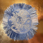 Sun & Moon Bleached Blue Denim FRINGED Patch art Indigo Denim CELESTIAL 5" Round IRON On Jean Patches embroidered Sol decal patchwork frayed Appliques & Patches