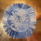 Sun & Moon Bleached Blue Denim FRINGED Patch art Indigo Denim CELESTIAL 5" Round IRON On Jean Patches embroidered Sol decal patchwork frayed Appliques & Patches