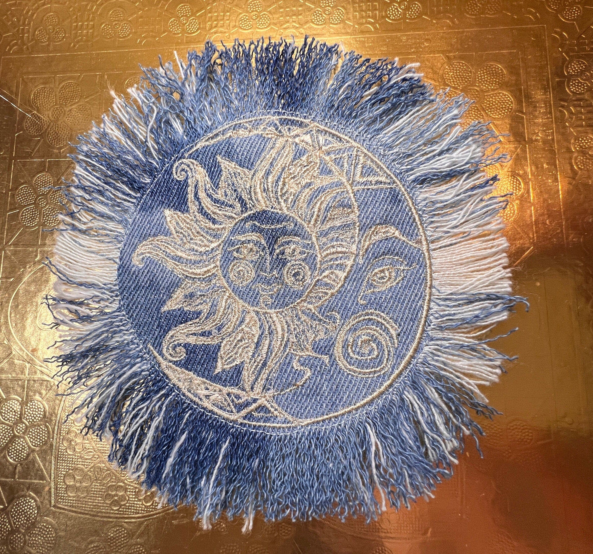 Sun & Moon Bleached Blue Denim FRINGED Patch art Indigo Denim CELESTIAL 5" Round IRON On Jean Patches embroidered Sol decal patchwork frayed Appliques & Patches