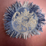Sun & Moon Bleached Blue Denim FRINGED Patch art Indigo Denim CELESTIAL 5" Round IRON On Jean Patches embroidered Sol decal patchwork frayed Appliques & Patches