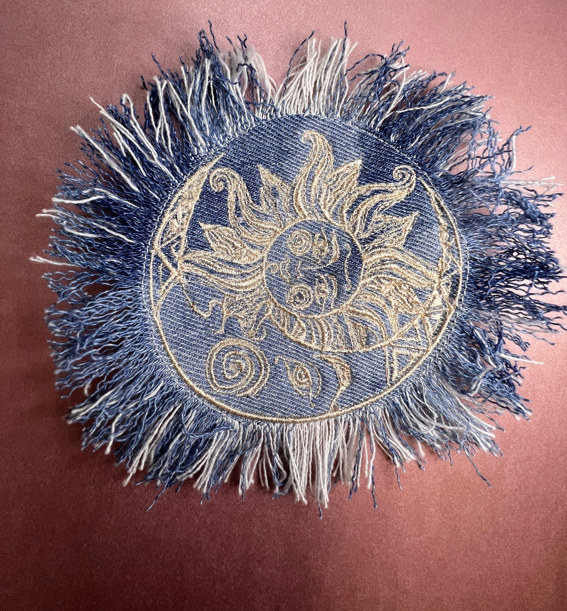 Sun & Moon Bleached Blue Denim FRINGED Patch art Indigo Denim CELESTIAL 5" Round IRON On Jean Patches embroidered Sol decal patchwork frayed Appliques & Patches