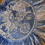 Sun & Moon Bleached Blue Denim FRINGED Patch art Indigo Denim CELESTIAL 5" Round IRON On Jean Patches embroidered Sol decal patchwork frayed Appliques & Patches