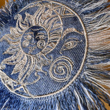 Sun & Moon Bleached Blue Denim FRINGED Patch art Indigo Denim CELESTIAL 5" Round IRON On Jean Patches embroidered Sol decal patchwork frayed Appliques & Patches