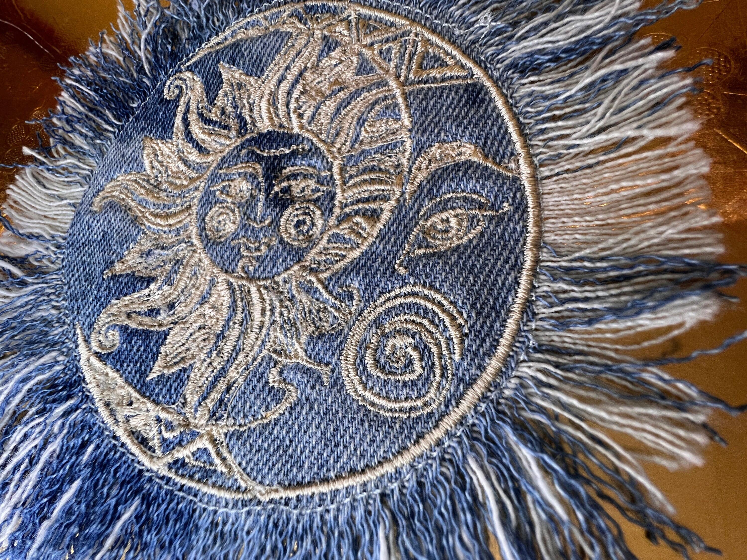Sun & Moon Bleached Blue Denim FRINGED Patch art Indigo Denim CELESTIAL 5" Round IRON On Jean Patches embroidered Sol decal patchwork frayed Appliques & Patches