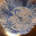 Sun & Moon Bleached Blue Denim FRINGED Patch art Indigo Denim CELESTIAL 5" Round IRON On Jean Patches embroidered Sol decal patchwork frayed Appliques & Patches