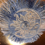 Sun & Moon Bleached Blue Denim FRINGED Patch art Indigo Denim CELESTIAL 5" Round IRON On Jean Patches embroidered Sol decal patchwork frayed Appliques & Patches