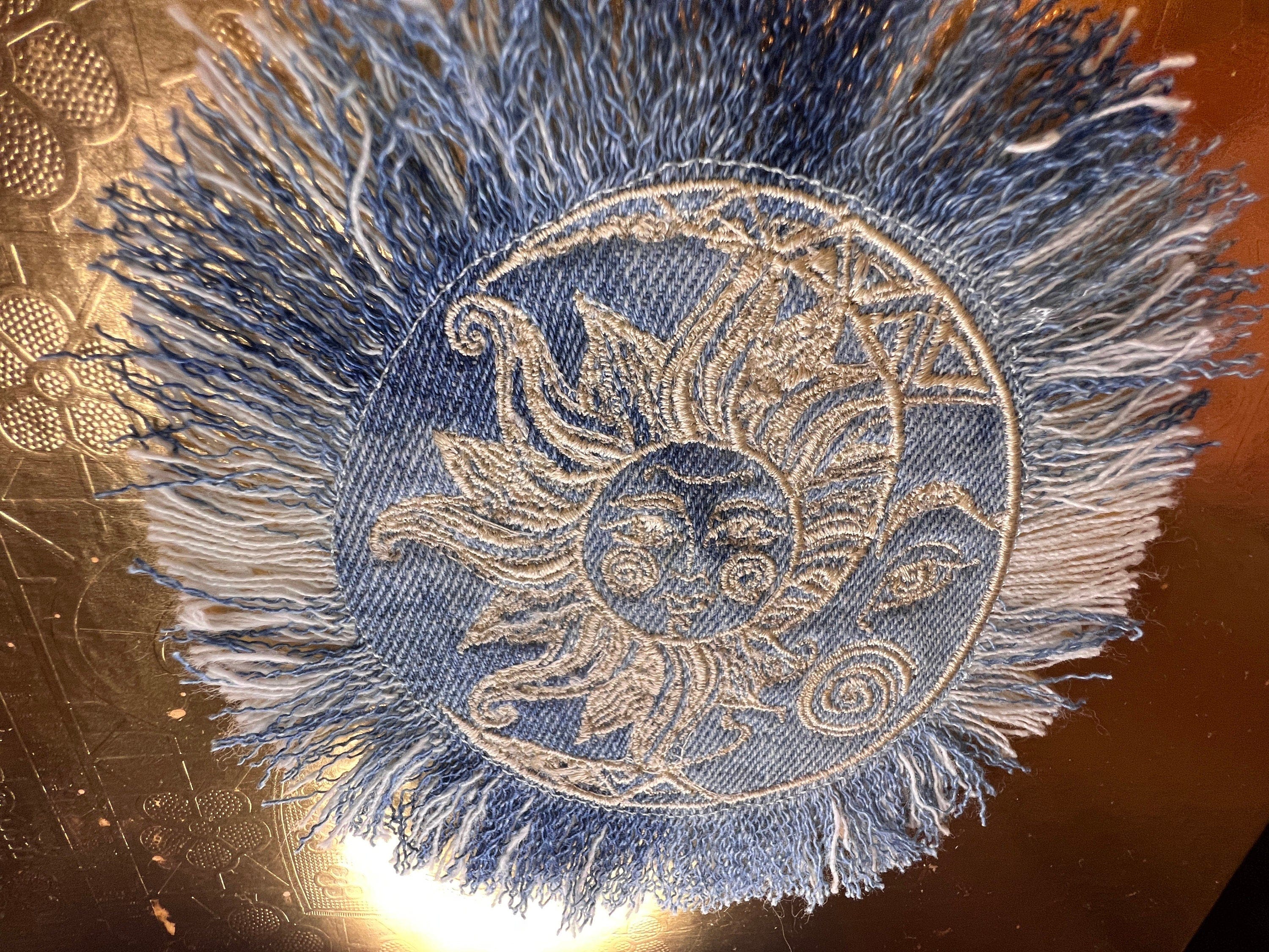 Sun & Moon Bleached Blue Denim FRINGED Patch art Indigo Denim CELESTIAL 5" Round IRON On Jean Patches embroidered Sol decal patchwork frayed Appliques & Patches