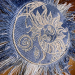 Sun & Moon Bleached Blue Denim FRINGED Patch art Indigo Denim CELESTIAL 5" Round IRON On Jean Patches embroidered Sol decal patchwork frayed Appliques & Patches