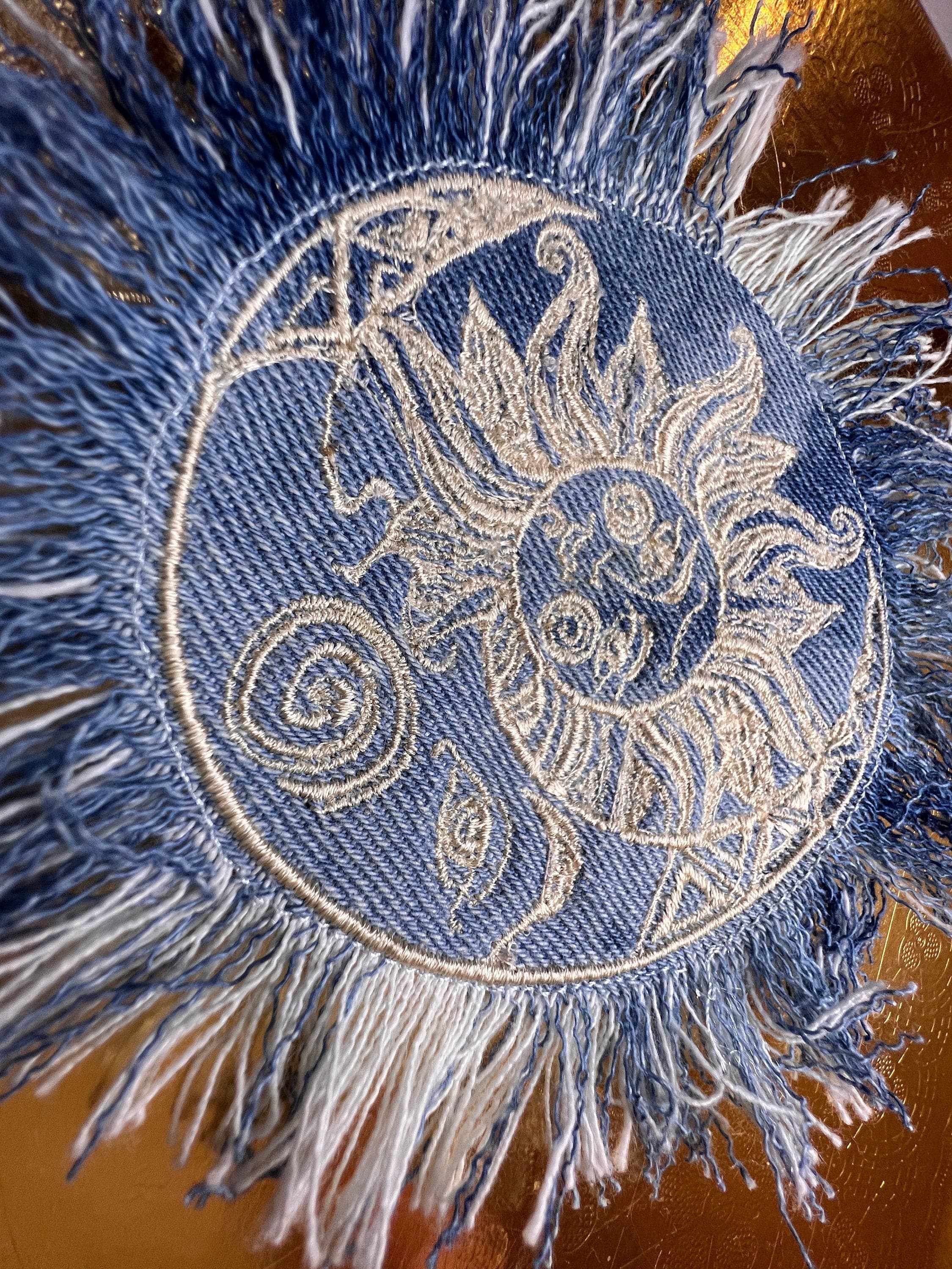 Sun & Moon Bleached Blue Denim FRINGED Patch art Indigo Denim CELESTIAL 5" Round IRON On Jean Patches embroidered Sol decal patchwork frayed Appliques & Patches