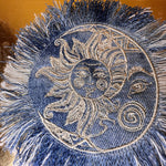 Sun & Moon Bleached Blue Denim FRINGED Patch art Indigo Denim CELESTIAL 5" Round IRON On Jean Patches embroidered Sol decal patchwork frayed Appliques & Patches