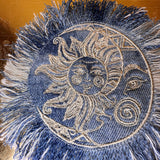 Sun & Moon Bleached Blue Denim FRINGED Patch art Indigo Denim CELESTIAL 5" Round IRON On Jean Patches embroidered Sol decal patchwork frayed Appliques & Patches