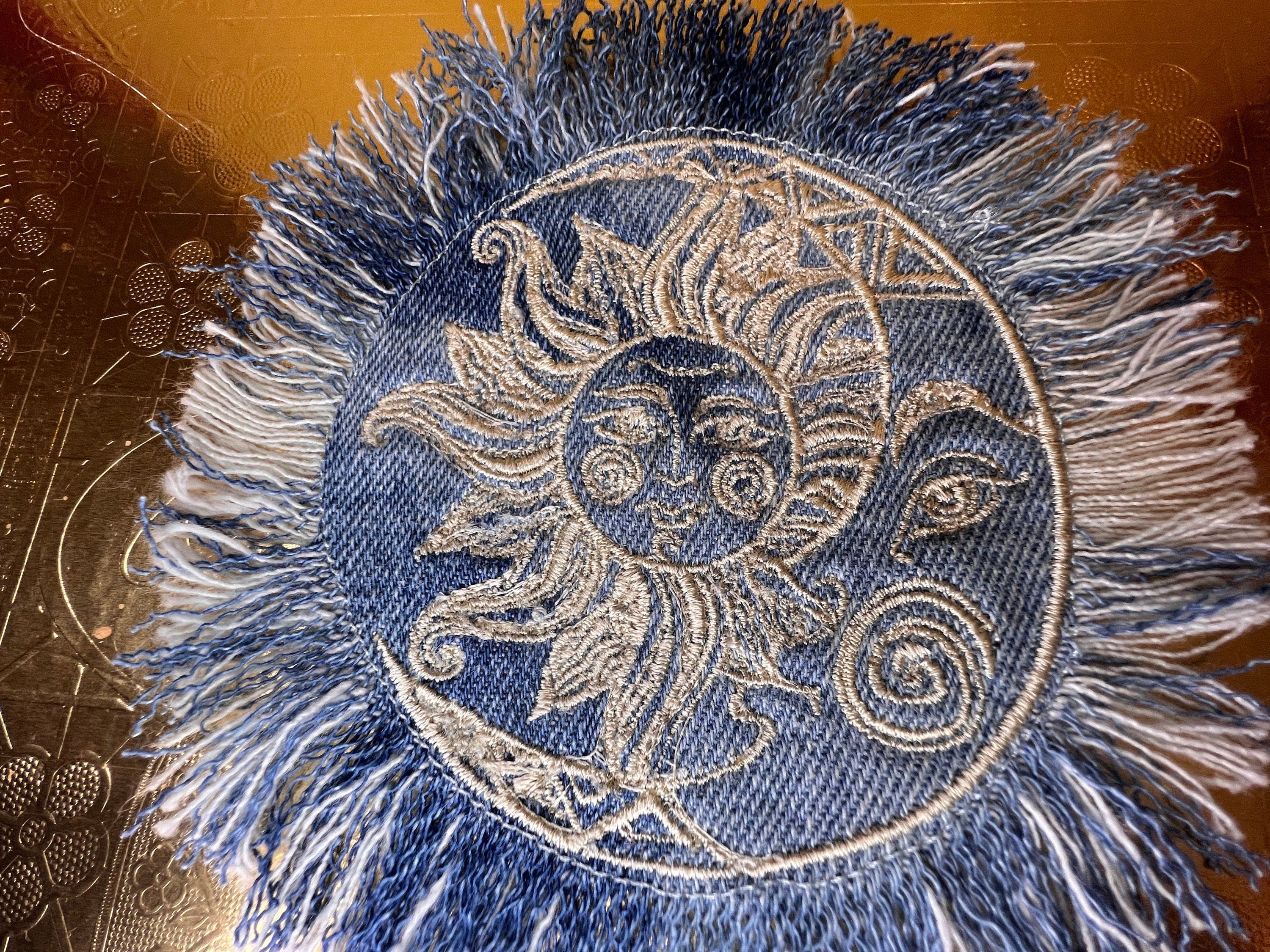 Sun & Moon Bleached Blue Denim FRINGED Patch art Indigo Denim CELESTIAL 5" Round IRON On Jean Patches embroidered Sol decal patchwork frayed Appliques & Patches