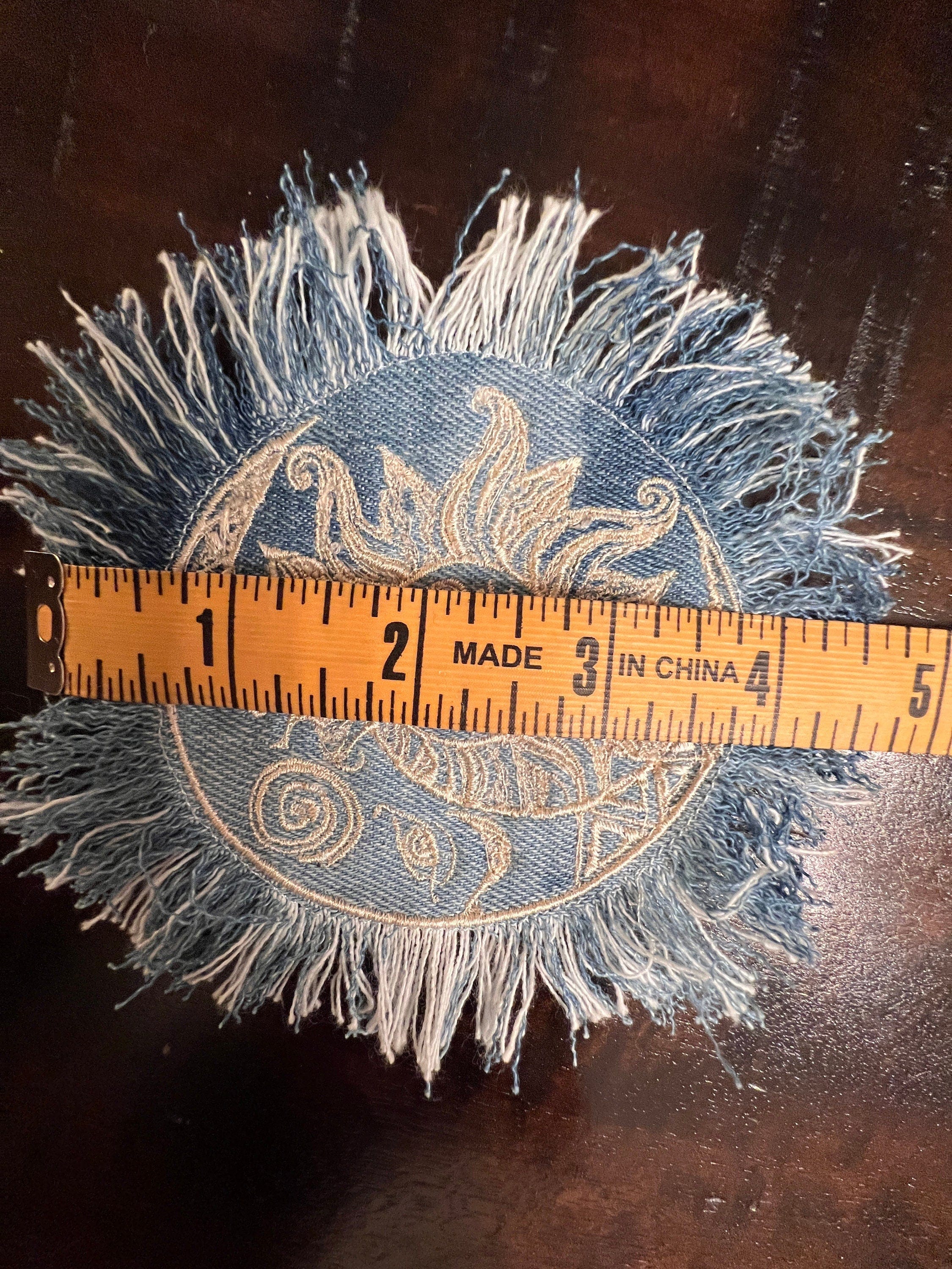 Sun & Moon Bleached Blue Denim FRINGED Patch art Indigo Denim CELESTIAL 5" Round IRON On Jean Patches embroidered Sol decal patchwork frayed Appliques & Patches