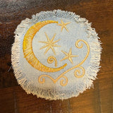 Sun & Moon Stars SOULE PATCH art Indigo Denim Celestial 3 inch Round IRON On Jean Patches embroidered Golden Sol decal patchwork frayed Appliques & Patches