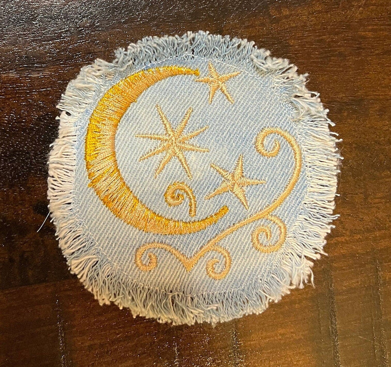Sun & Moon Stars SOULE PATCH art Indigo Denim Celestial 3 inch Round IRON On Jean Patches embroidered Golden Sol decal patchwork frayed Appliques & Patches