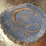 Sun & Moon Stars SOULE PATCH art Indigo Denim Celestial 3 inch Round IRON On Jean Patches embroidered Golden Sol decal patchwork frayed Appliques & Patches