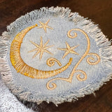 Sun & Moon Stars SOULE PATCH art Indigo Denim Celestial 3 inch Round IRON On Jean Patches embroidered Golden Sol decal patchwork frayed Appliques & Patches