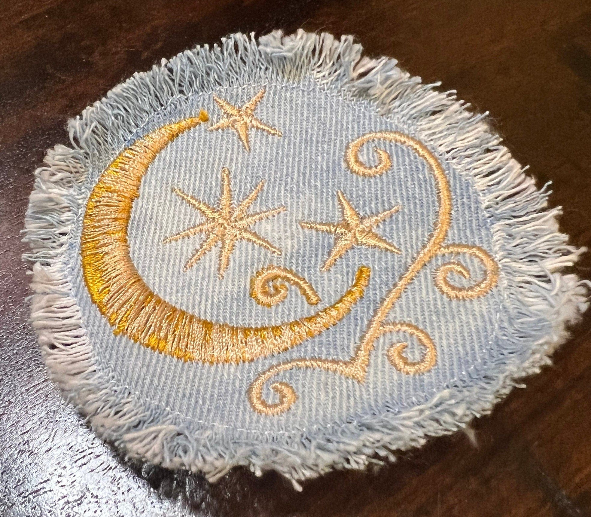 Sun & Moon Stars SOULE PATCH art Indigo Denim Celestial 3 inch Round IRON On Jean Patches embroidered Golden Sol decal patchwork frayed Appliques & Patches