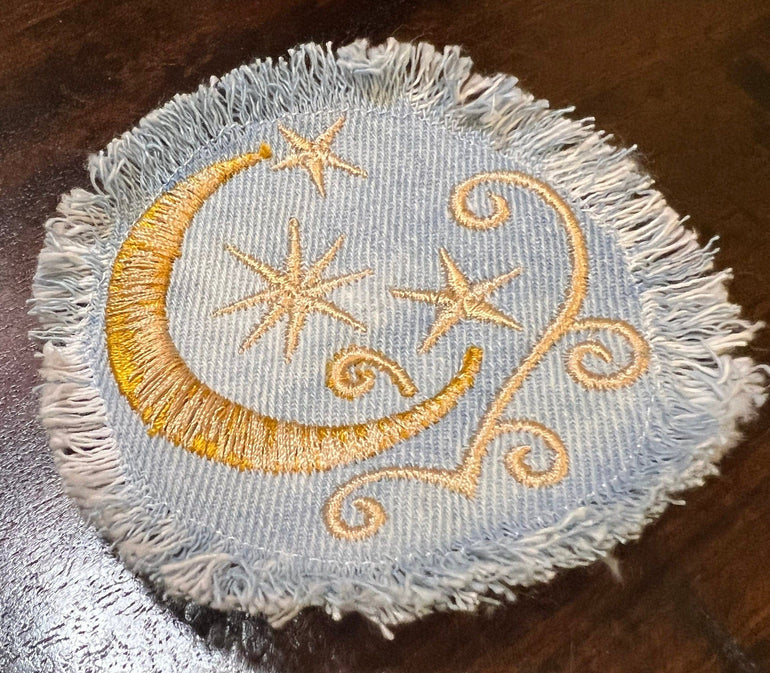 Sun & Moon Stars SOULE PATCH art Indigo Denim Celestial 3 inch Round IRON On Jean Patches embroidered Golden Sol decal patchwork frayed Appliques & Patches