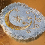 Sun & Moon Stars SOULE PATCH art Indigo Denim Celestial 3 inch Round IRON On Jean Patches embroidered Golden Sol decal patchwork frayed Appliques & Patches