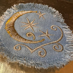 Sun & Moon Stars SOULE PATCH art Indigo Denim Celestial 3 inch Round IRON On Jean Patches embroidered Golden Sol decal patchwork frayed Appliques & Patches