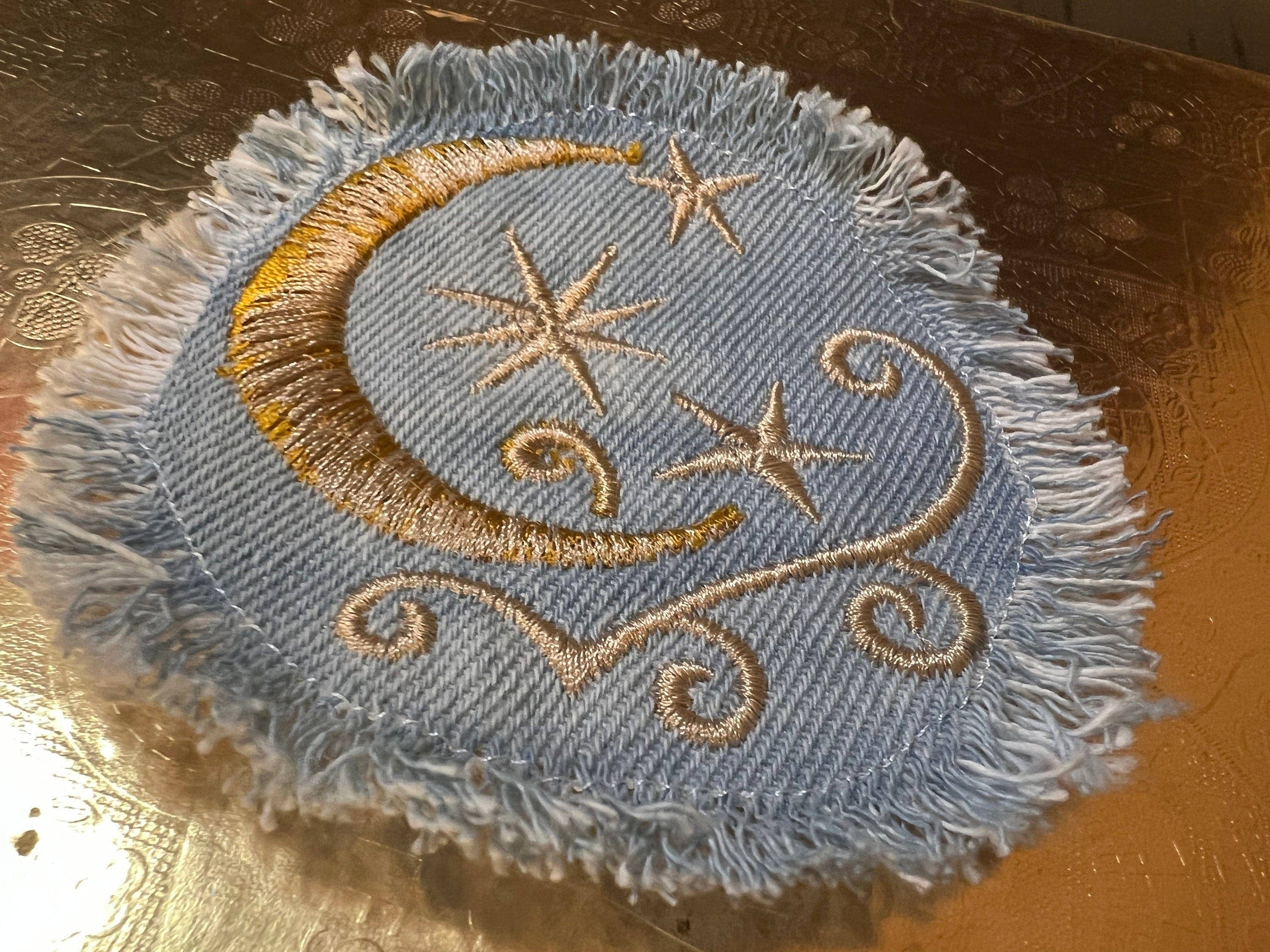 Sun & Moon Stars SOULE PATCH art Indigo Denim Celestial 3 inch Round IRON On Jean Patches embroidered Golden Sol decal patchwork frayed Appliques & Patches