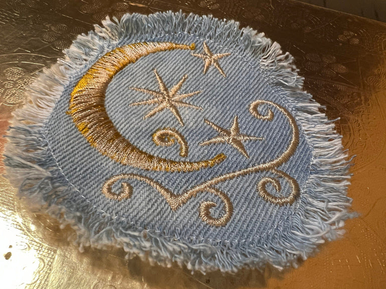 Sun & Moon Stars SOULE PATCH art Indigo Denim Celestial 3 inch Round IRON On Jean Patches embroidered Golden Sol decal patchwork frayed Appliques & Patches
